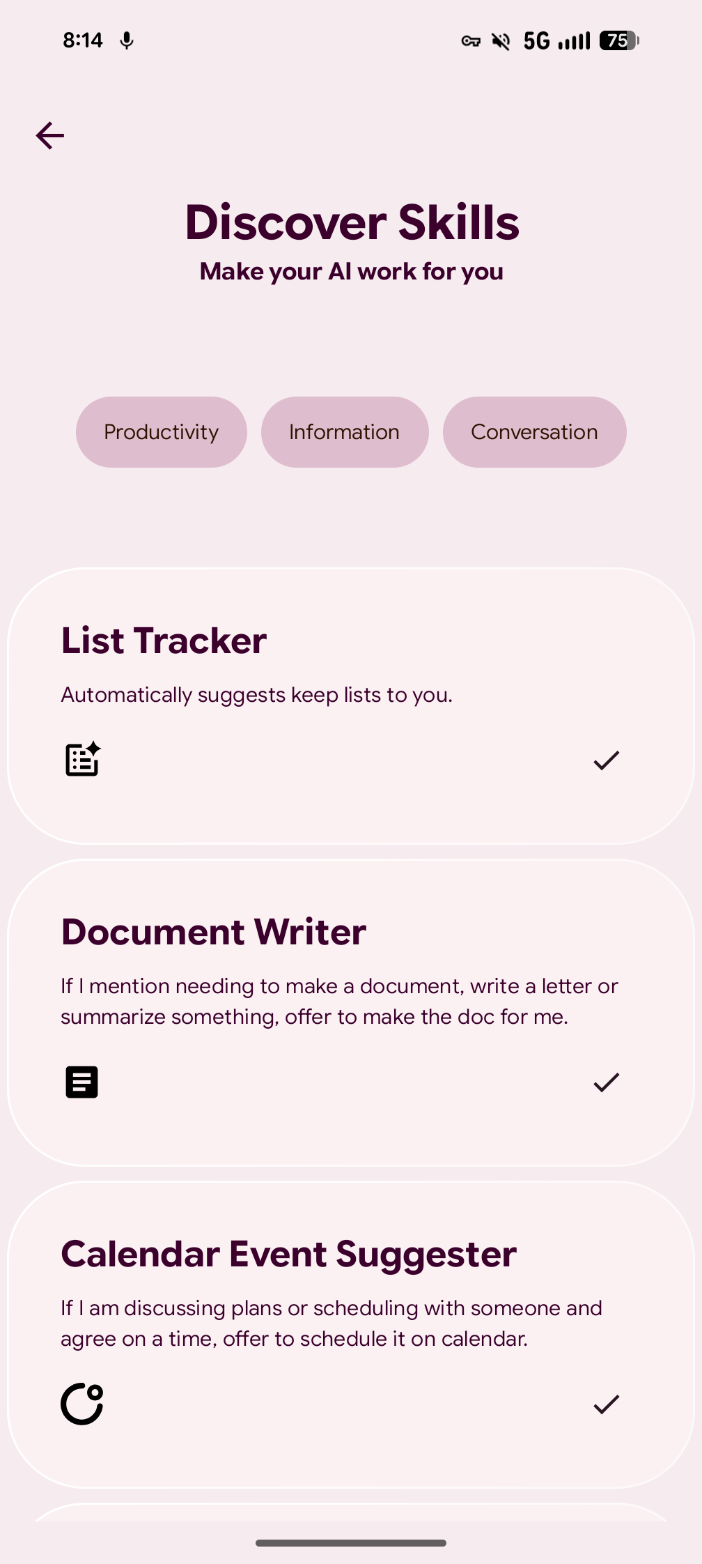 COSMO AI Discover Skills page showing List Tracker, Document Writer and Calendar Event Suggester