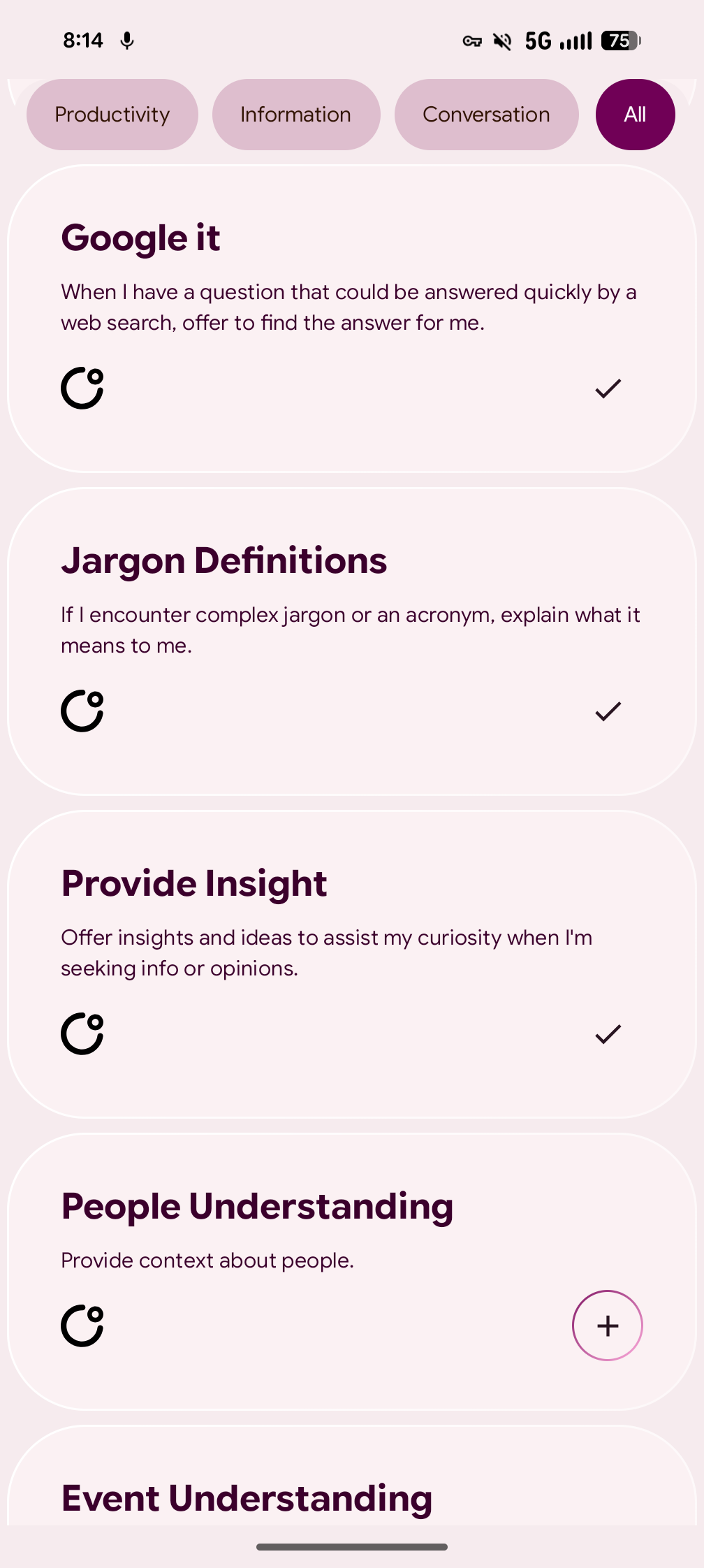 COSMO AI skills including Google it, Jargon Definitions, Provide Insight and People Understanding
