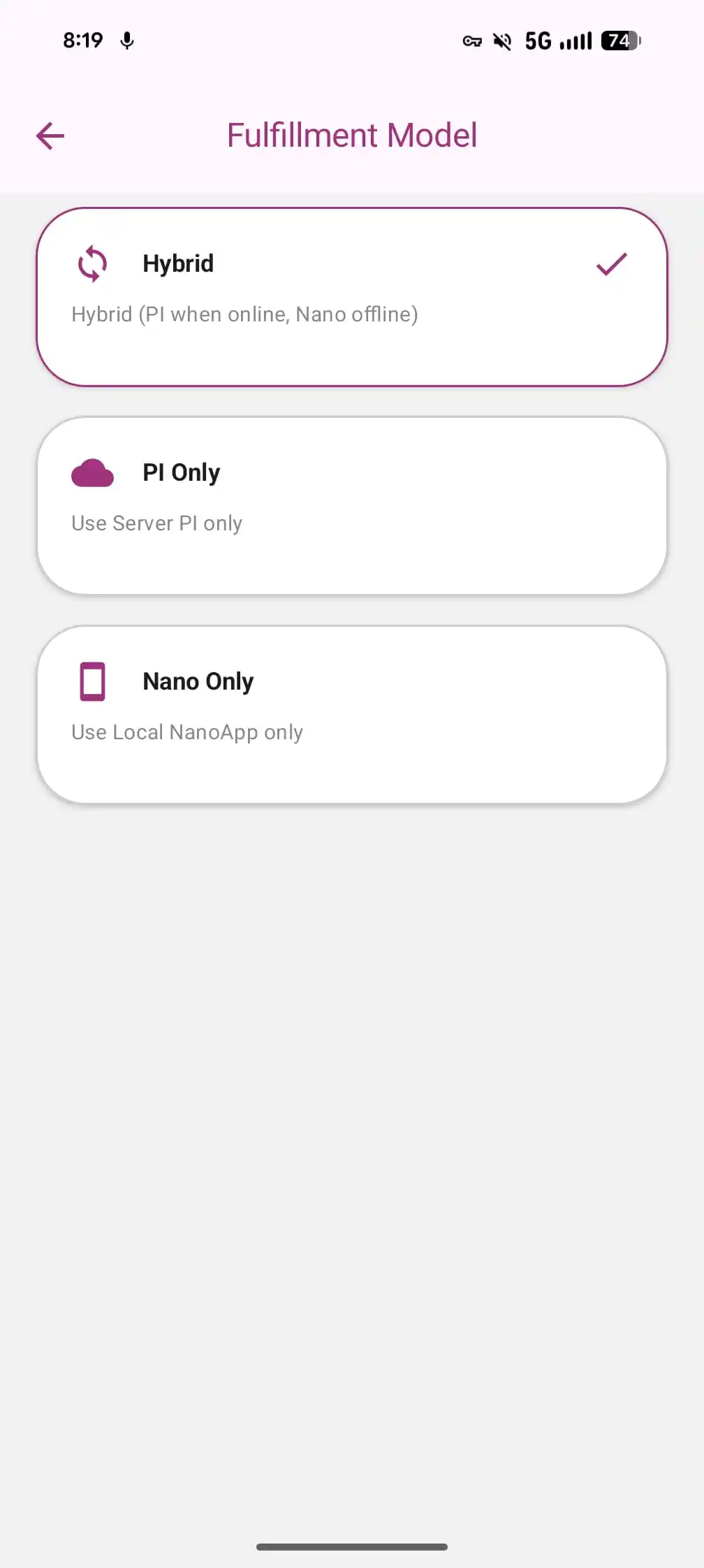 COSMO AI Fulfillment Model settings showing Hybrid, PI Only and Nano Only options