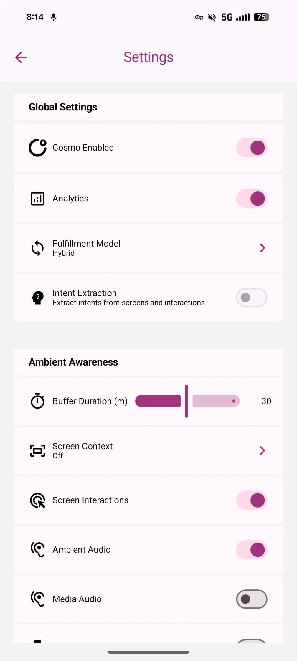 COSMO AI Settings page showing Global Settings and Ambient Awareness controls