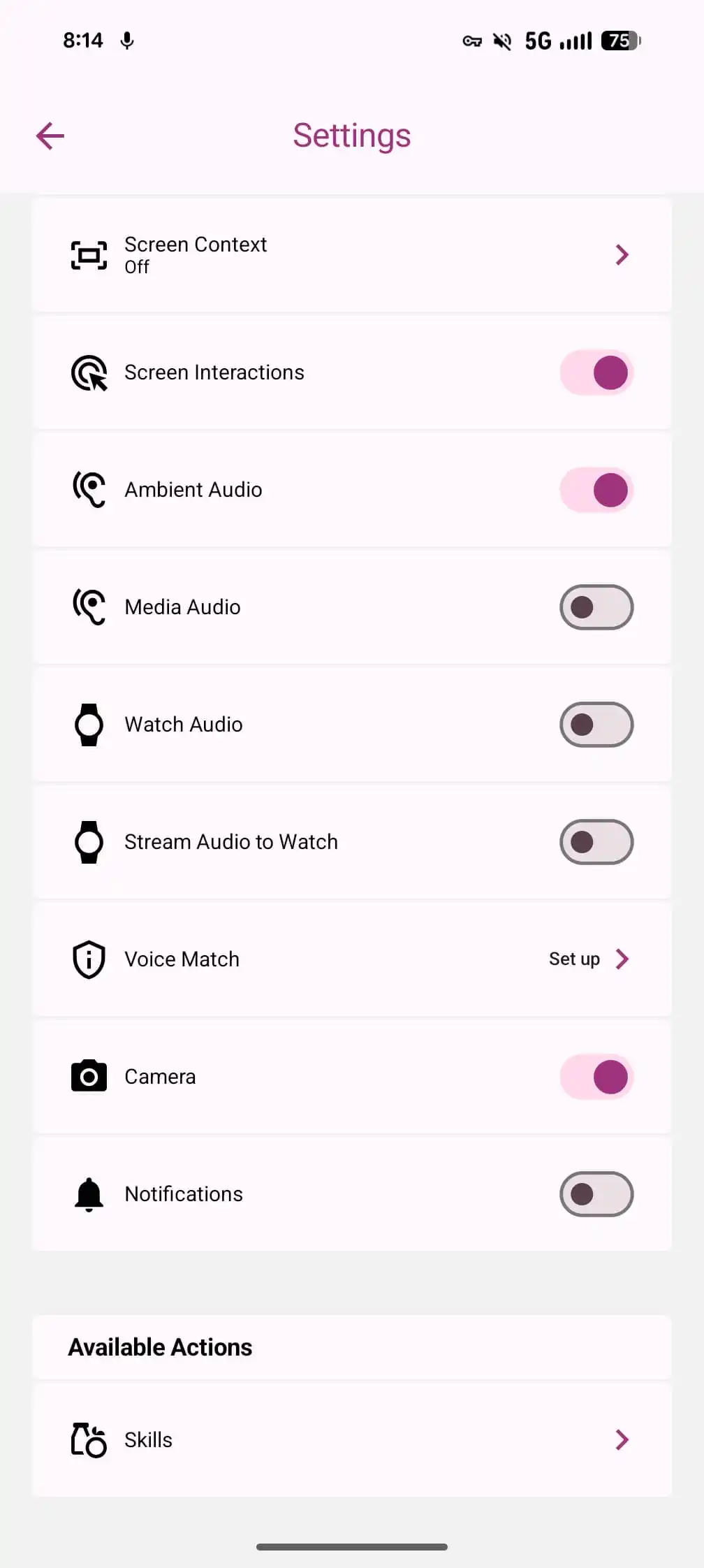 COSMO AI Settings showing Screen Context, Voice Match, Camera and Available Actions